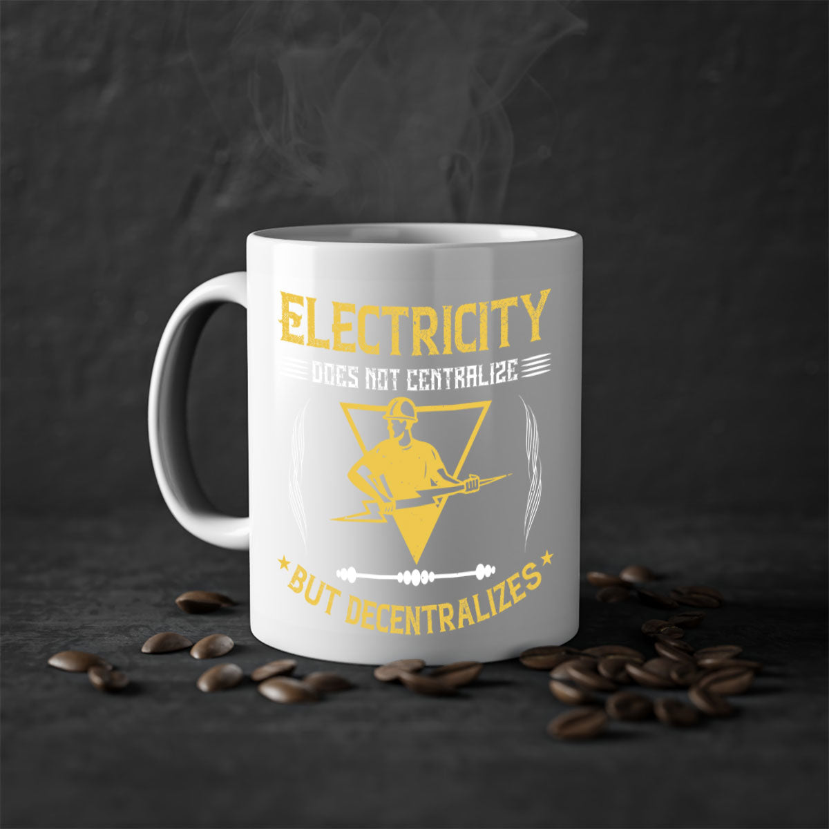 Electricity does not centralize but decentralizes Style 49# Mug with a glossy finish and colorful handle, available in multiple sizes.